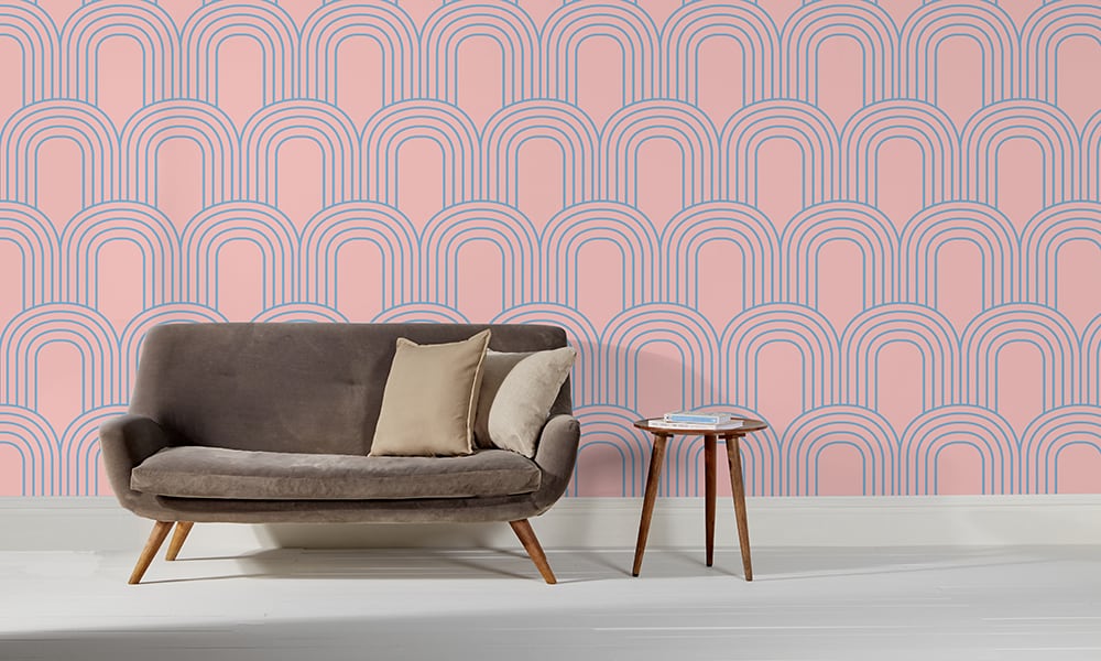 Colourful pink arch shaped wallpaper in large size in a living room