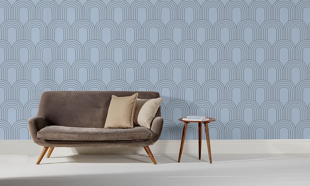 Blue arch geometric wallpaper in medium pattern size in a living room