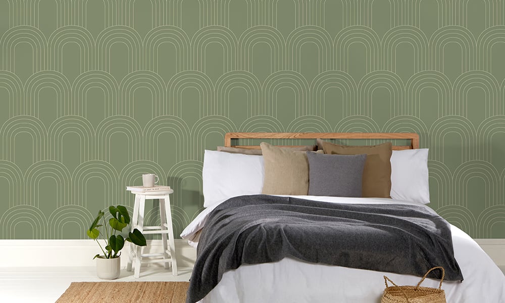 Retro-themed loop bedroom wallpaper in olive green 
