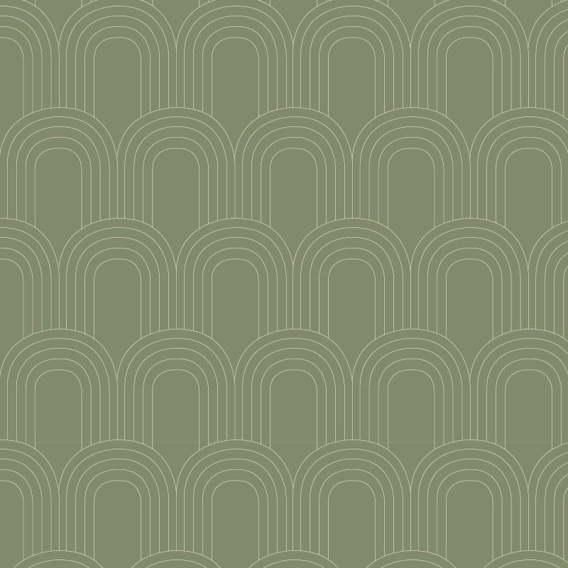 Olive green reto-style loop wallpaper in a bedroom setting