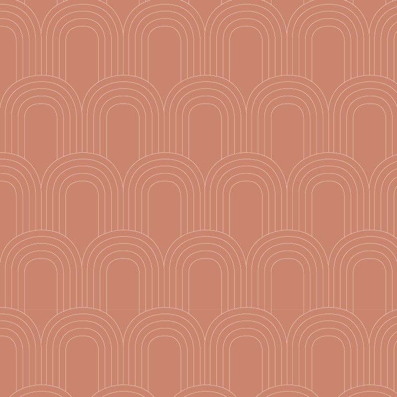 Earthy terracotta wallpaper design in arch pattern in a bedroom setting