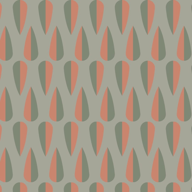 Retro forest green wallpaper with orange arrow pattern in a living room 