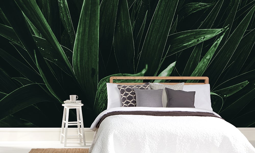 Dark wall mural with deep greep plant or grass in bedroom setting with white bedding and grey cushions