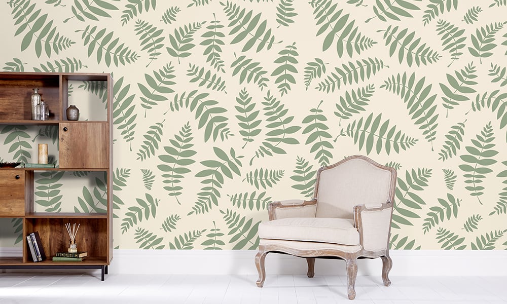 Natural green leaf wallpaper in a large-sized pattern in a living room