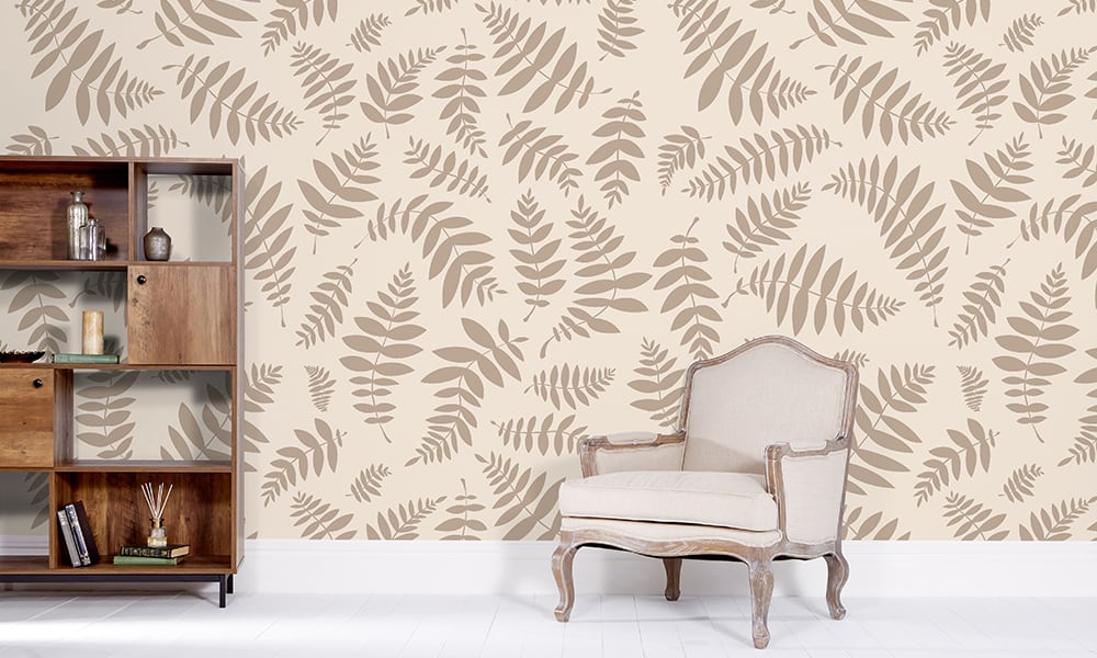 Natural leaf wallpaper in a large-sized neutral pattern in a living room