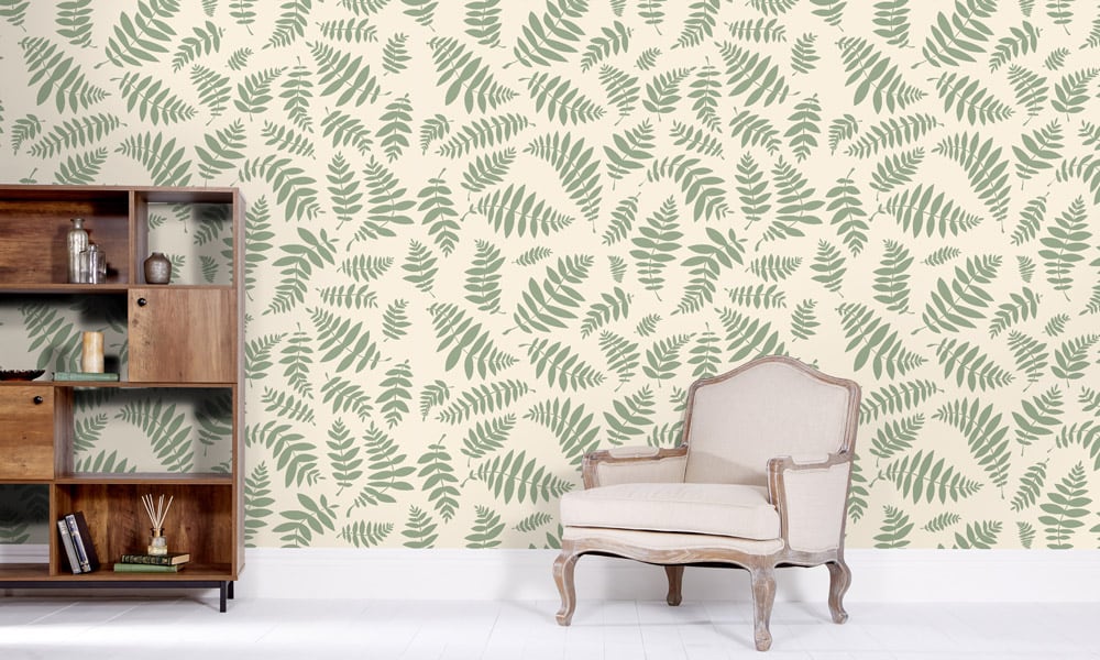 Green natural leaf wallpaper in a medium-sized pattern in a living room