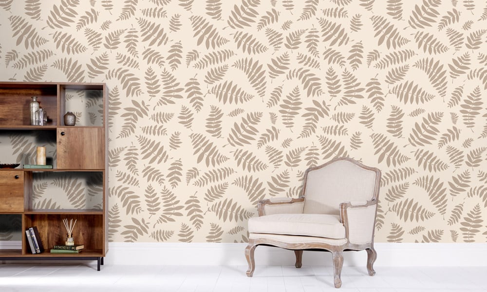 Neutral beige leaf wallpaper in a medium-sized pattern in a living room