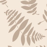 Leafy neutral bracken wallpaper design in a lounge with bookcase and chair
