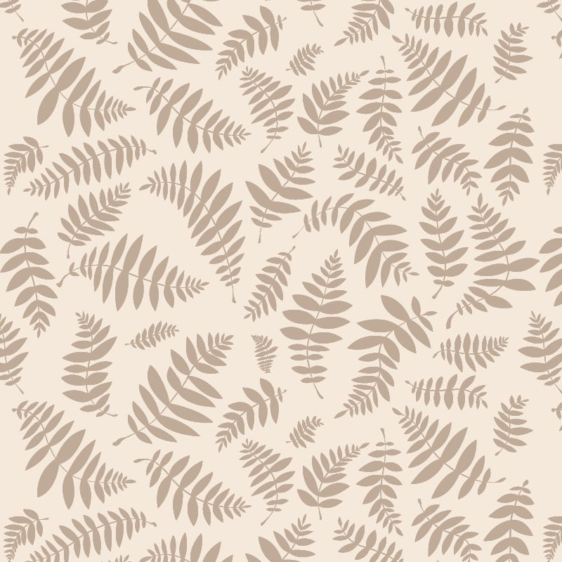 Leafy neutral bracken wallpaper design in a lounge with bookcase and chair