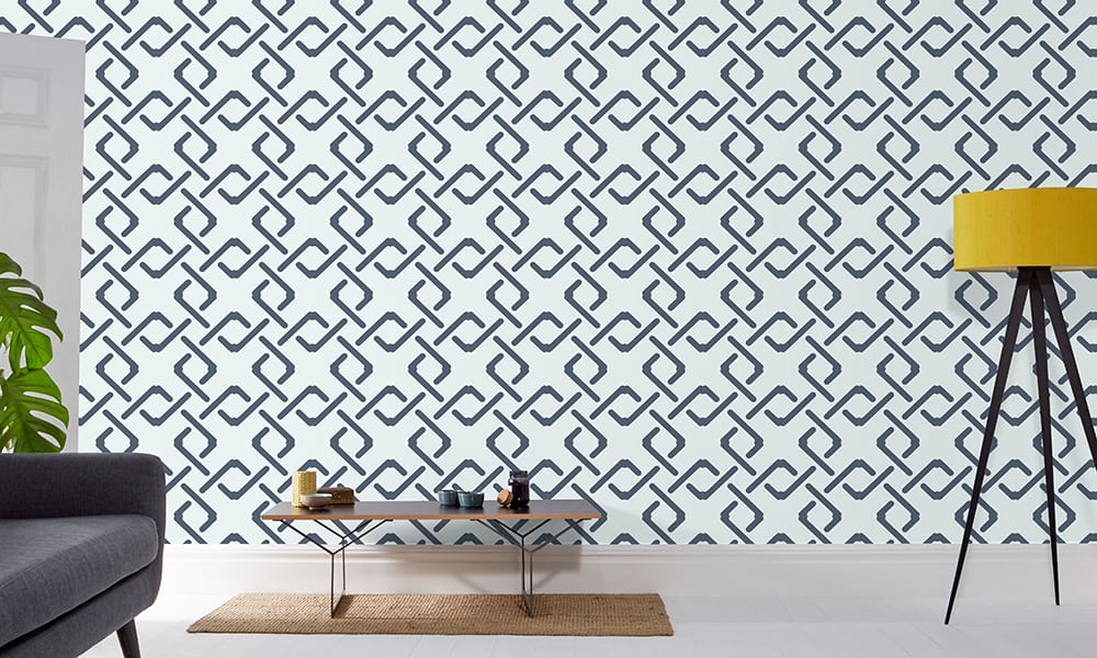 Blue geometric link wallpaper design in a large-sized pattern in a lounge