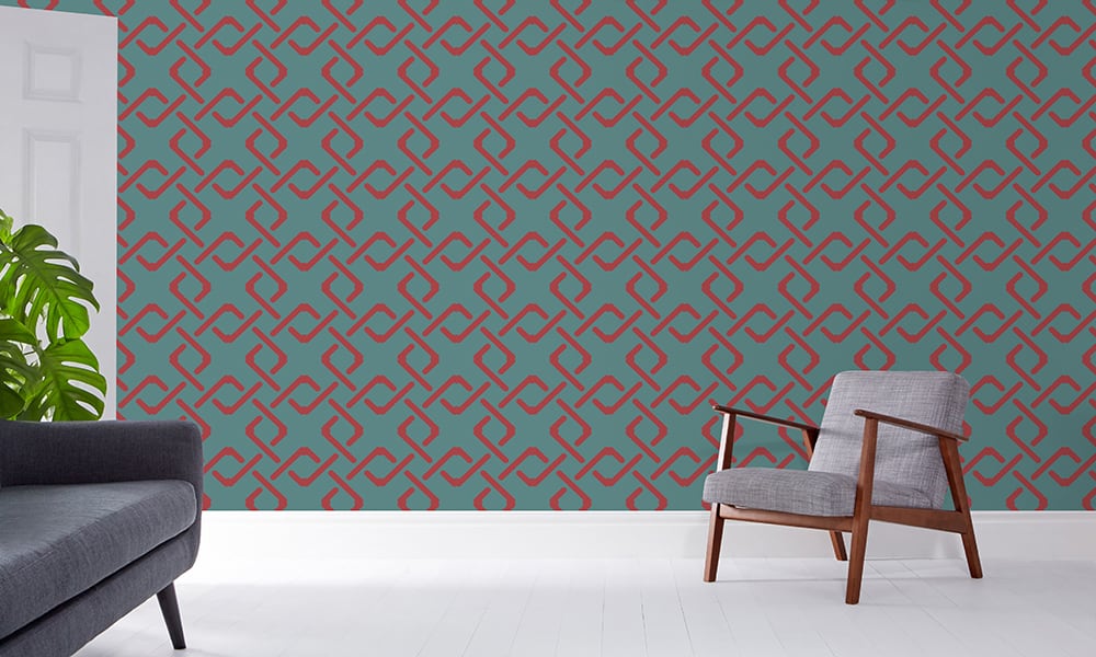 Teal and red link wallpaper design in a large-sized pattern in a lounge
