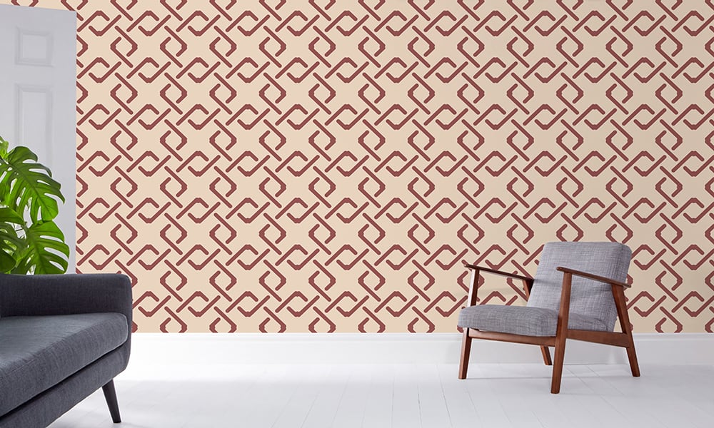 Red geometric wallpaper in large-sized pattern in a living room 