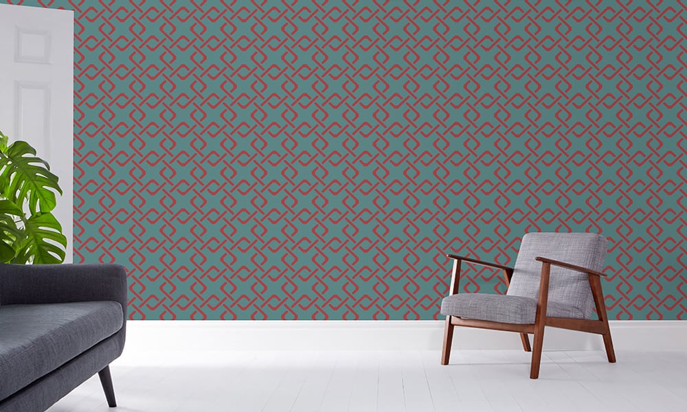 Teal and red geometric wallpaper design in a medium-sized pattern in a living space 