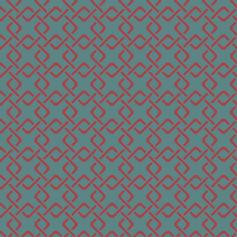 Teal and red geometric link pattern wallpaper in a living room