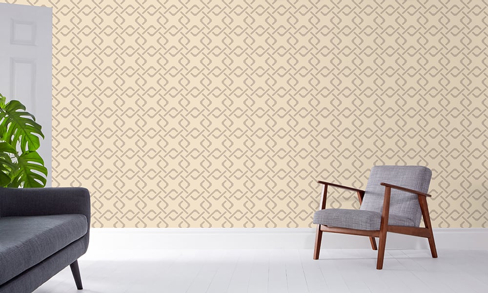 Neutral link wallpaper geometirc design in a medium-sized pattern in a living room