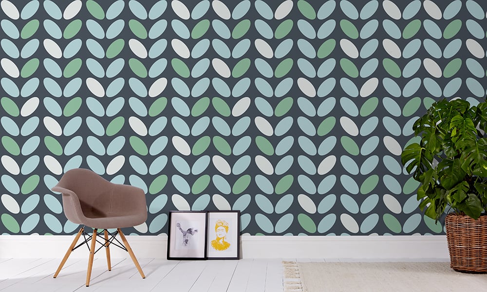 Teal and blue modern wallpaper design in a large-sized pattern in a living space 