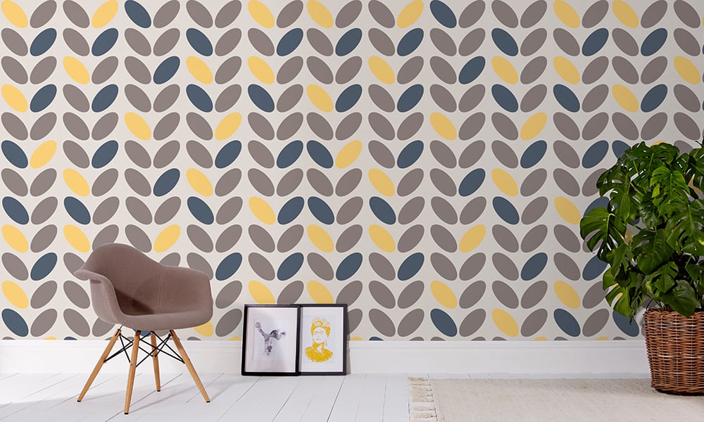 Grey coffee bean wallpaper design with navy and yellow accent colours in a large-sized pattern