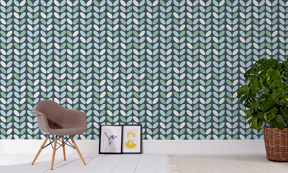 Contemporary blue and teal wallpaper in a medium-sized pattern in a living space