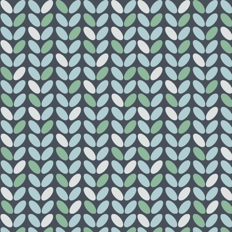 Blue and teal coffee bean pattern wallpaper with a grey chair