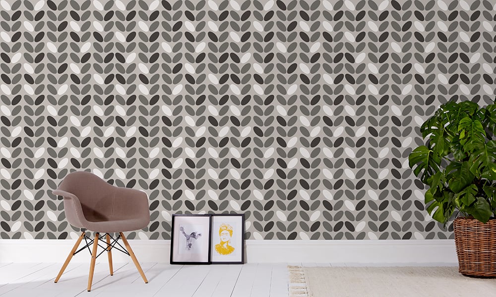 Grey, contemporary coffee bean wallpaper design in a medium-sized pattern in a living space