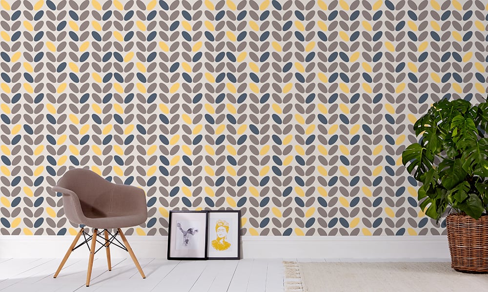 Grey coffee bean wallpaper design with navy and yellow accent colours in a medium-sized pattern