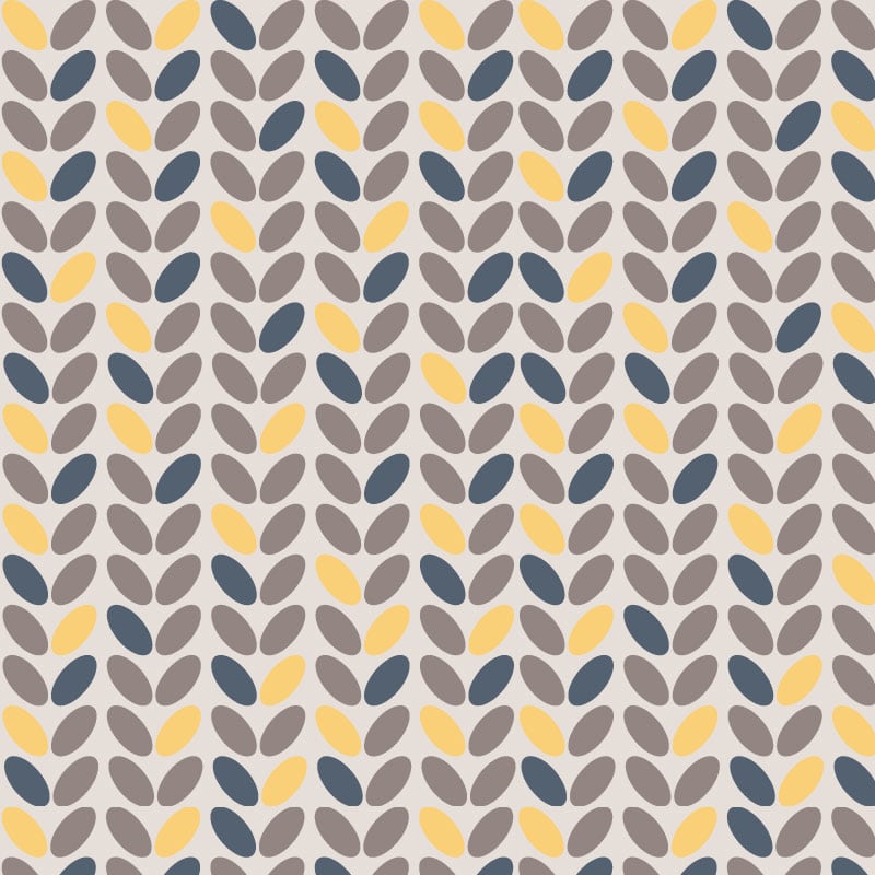 Modern wallpaper design in grey with navy and yellow accent colours in a living space with a grey chair