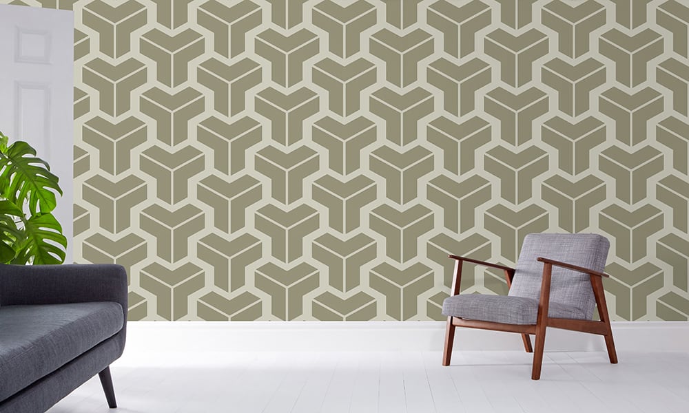 Olive green geometric large-sized pattern wallpaper design in a living space
