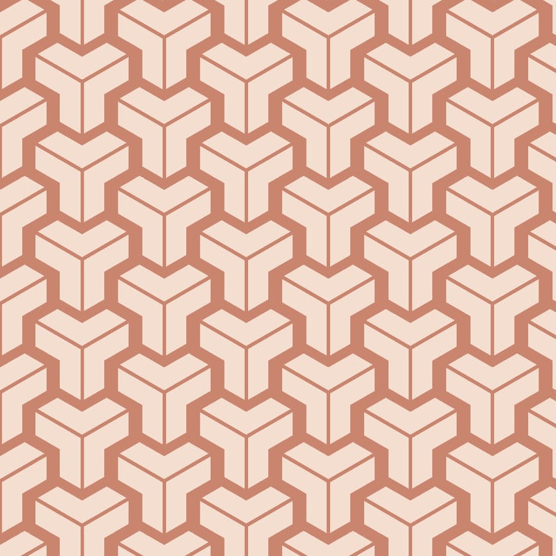 Geometric wallpaper design in an earthy colour palette in a living space with grey chair