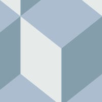 Blue geometric wallpaper in a living room with grey sofa and picture on wall
