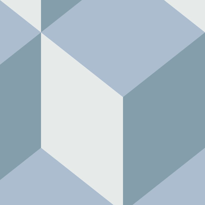 Blue geometric wallpaper in a living room with grey sofa and picture on wall