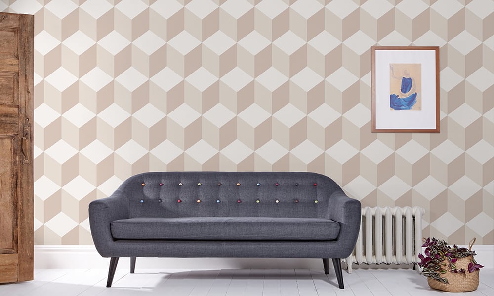 Contemporary large scale cube-shaped wallpaper pattern in neutral colour tones in a living room