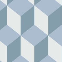 Striking cube-shaped wallpaper design in a fresh blue colour palette in a living space with grey sofa