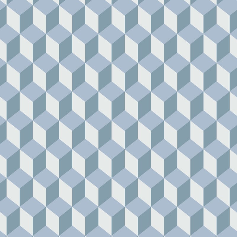 Striking cube-shaped wallpaper design in a fresh blue colour palette in a living space with grey sofa