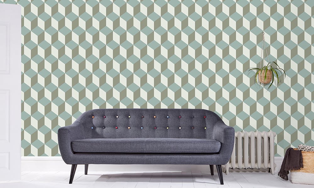 Modern medium-sized cuboid wallpaper pattern in a blue colour palette in a living room