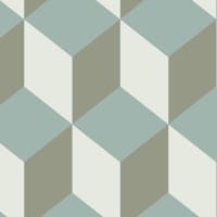 Bold cube-shaped wallpaper design in a sage green colour palette in a living space with grey sofa