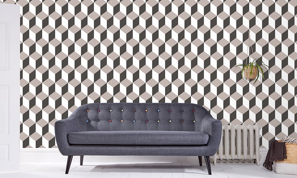Medium-sized cuboid wallpaper pattern in a grey and white colour palette in a living room