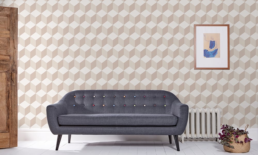 Modern cube-shaped wallpaper design in a neutral colour palette in a lounge