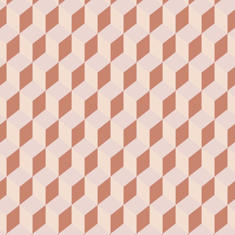 Striking cube-shaped wallpaper design in orange and pastel colours in a living space