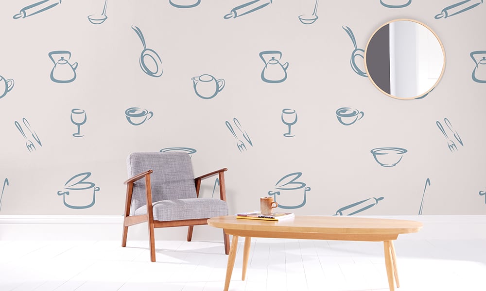Large scale kitchen-themed wallpaper design in blue and neutral colour palette in a kitchen setting
