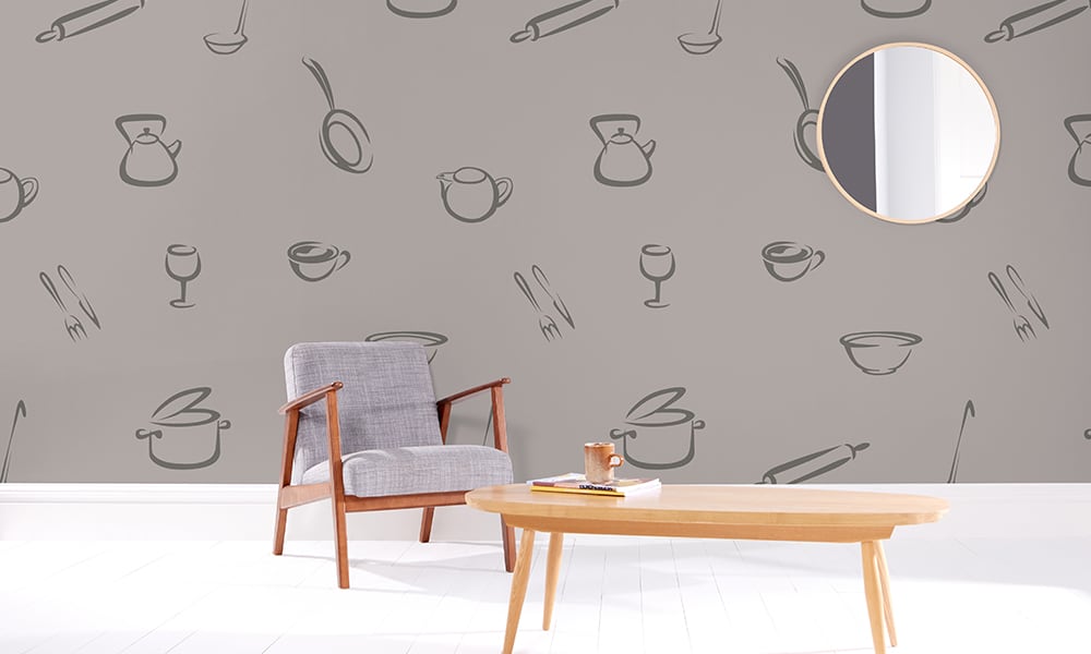 Modern grey wallpaper with kitchen-themed illustrations in a kitchen / dining room setting