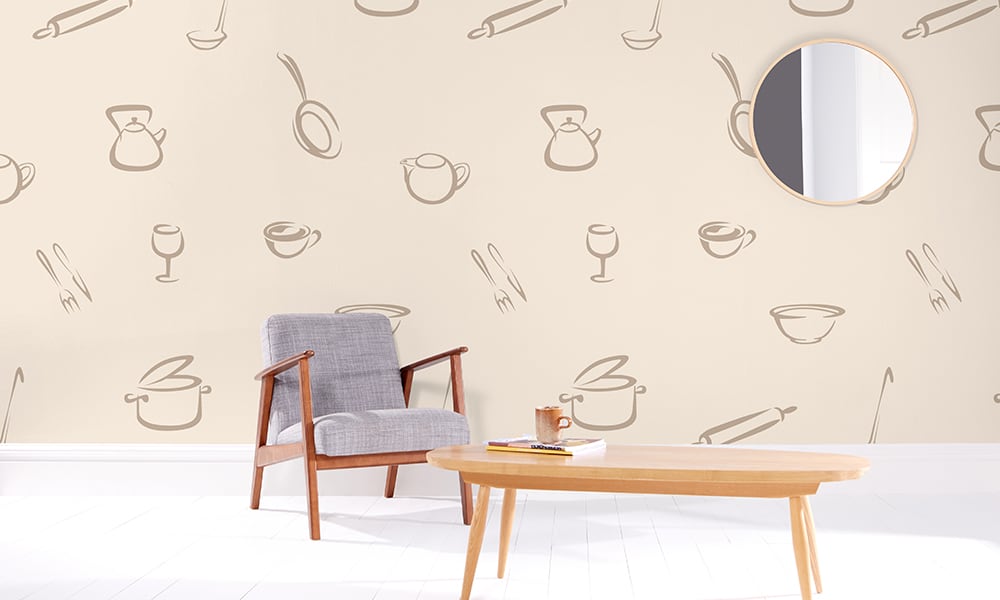 Large scale kitchen-themed wallpaper design in neutral colour palette in a kitchen / dining setting