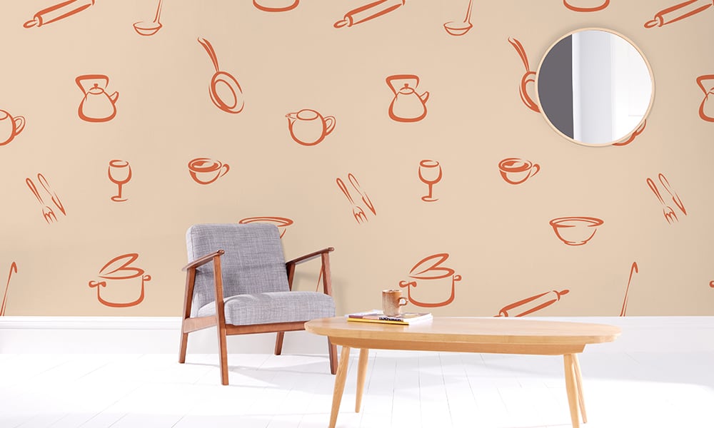 Large scale kitchen-themed wallpaper design with a bright orange accent colour in a living space