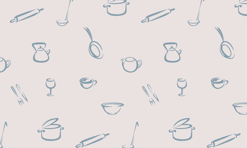 Neutral and blue culinary-themed kitchen wallpaper design