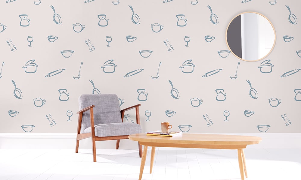 Medium-sized kitchen-themed pattern in an blue colour tone in a kitchen / dining room setting