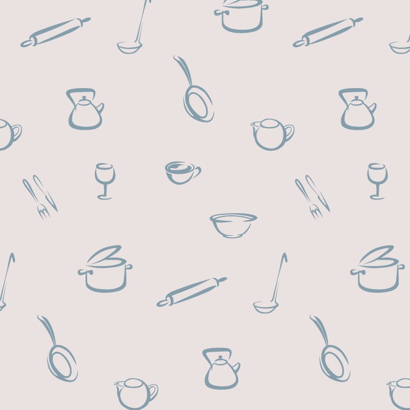 Kitchen-themed wallpaper with a neutral backdrop and blue accent colour