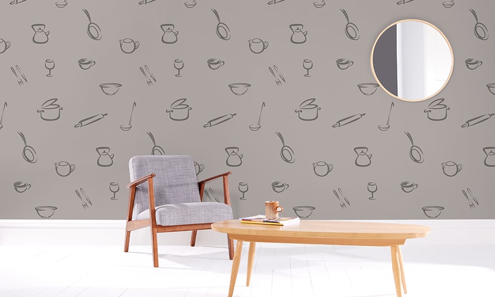 Grey wallpaper design with medium-sized culinary illustrations in a kitchen setting 