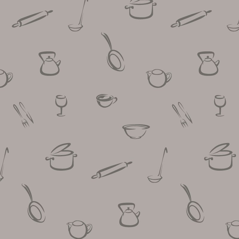 Contemporary grey kitchen-themed wallpaper design in a kitchen / diner setting