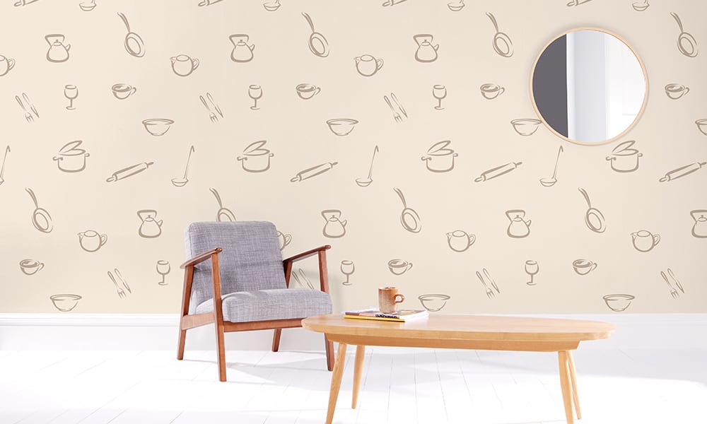 Neutral culinary-themed wallpaper with medium delicate illustrations in a dining space 