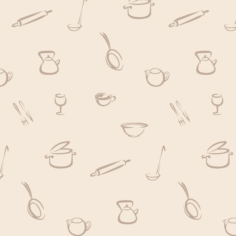 Neutral kitchen-themed wallpaper in a living space with grey chair