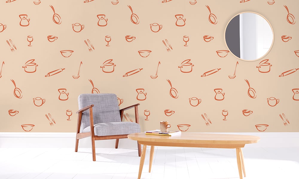 Kitchen-themed wallpaper design with medium delicate illustations in a living space
